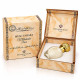Musc Tahara Milkshake Peach Gris Montaigne 12 ml à la pêche lactée, flacon blanc au bouchon doré dans son coffret marbré beige