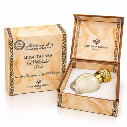 Musc Tahara Milkshake Peach Gris Montaigne 12 ml à la pêche lactée, flacon blanc au bouchon doré dans son coffret marbré beige