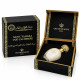 Musc Tahara Oud Cachemire Gris Montaigne 12 ml, flacon blanc au bouchon doré présenté dans son coffret noir et or ouvert
