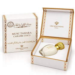 Musc Tahara Caraïbe Coco Gris Montaigne 12 ml, parfum coco et vanille en flacon blanc au bouchon doré, présenté dans son coffret blanc et or