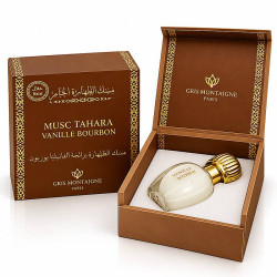 Musc Tahara Vanille Bourbon Gris Montaigne 12 ml, flacon blanc au bouchon doré présenté dans son coffret marron et or ouvert