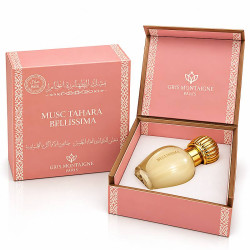 Musc Tahara Bellissima Gris Montaigne 12 ml, flacon nacré au bouchon doré présenté dans son coffret rose ouvert