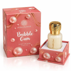 Musc Tahara Bubble Gum Dubai Flower 12 ml, flacon blanc au bouchon doré et coffret rose décoré de bulles nacrées