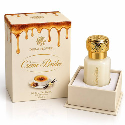 Musc Tahara Crème Brûlée Dubai Flower 12 ml, flacon blanc au bouchon doré et coffret crème décoré de caramel