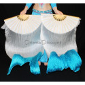 Paire d'Eventails en soie ourlés blanc et turquoise