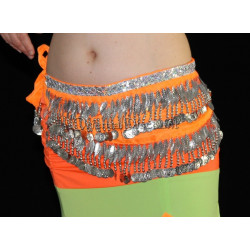Ceinture de danse orientale orange plumes et sequins argentées