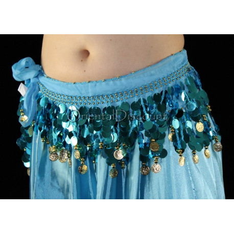 Ceinture de danse orientale turquoise pastilles et sequins dorés