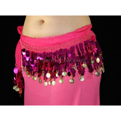 Ceinture de danse orientale fushia pastilles et sequins dorés