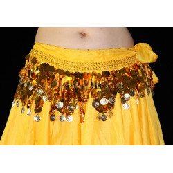 Ceinture de danse orientale jaune pastilles et sequins dorés