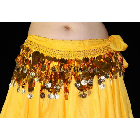 Ceinture de danse orientale jaune pastilles et sequins dorés