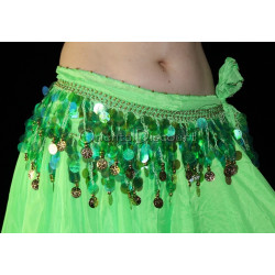 Ceinture de danse orientale vert pastilles et sequins dorés