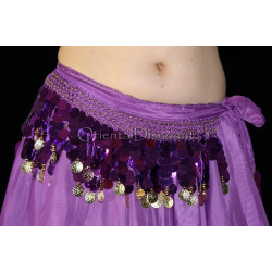 Ceinture de danse orientale violet pastilles et sequins dorés