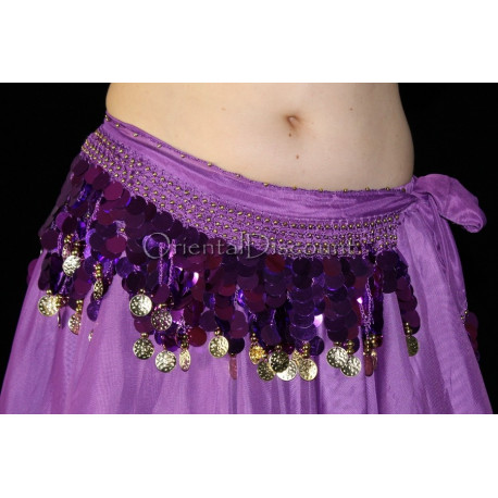 Ceinture de danse orientale violet pastilles et sequins dorés