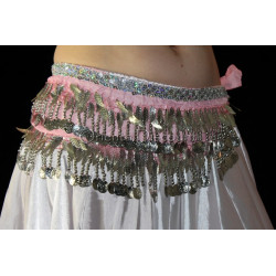 Ceinture de danse orientale rose et plumes argentées