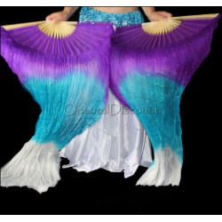 Paire d'Eventails en soie ourlés violet turquoise blanc