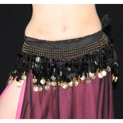 Ceinture de danse orientale noir pastilles et sequins dorés