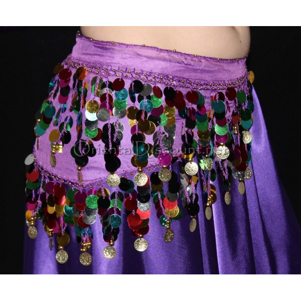 Ceinture de danse orientale violet à sequins dorés et pastilles