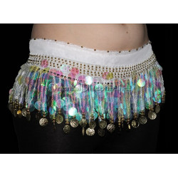 Ceinture de danse orientale blanche pastilles et sequins dorées