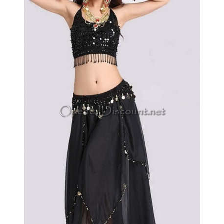 Ensemble de danse orientale top + jupe longue à sequins noir