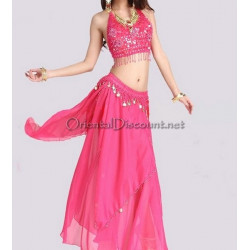 Ensemble de danse orientale top + jupe longue à sequins fuschia