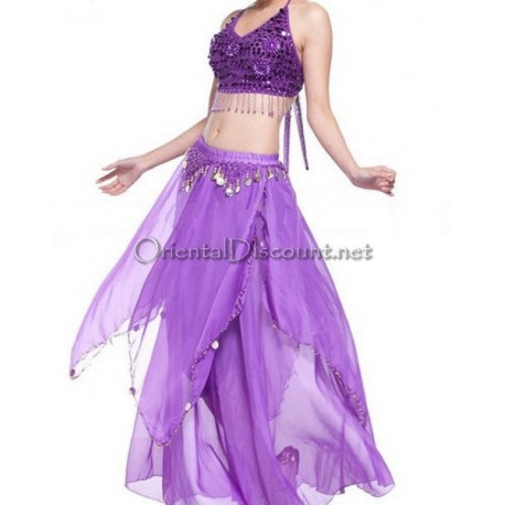 Ensemble de danse orientale top + jupe longue à sequins violet