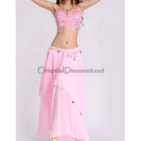 Ensemble de danse orientale top + jupe longue à sequins rose