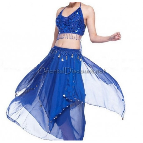 Ensemble de danse orientale top + jupe longue à sequins bleu roy