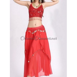 Ensemble de danse orientale top + jupe longue à sequins rouge