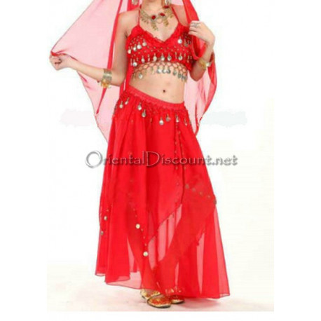 Ensemble de danse orientale top + jupe longue à sequins rouge