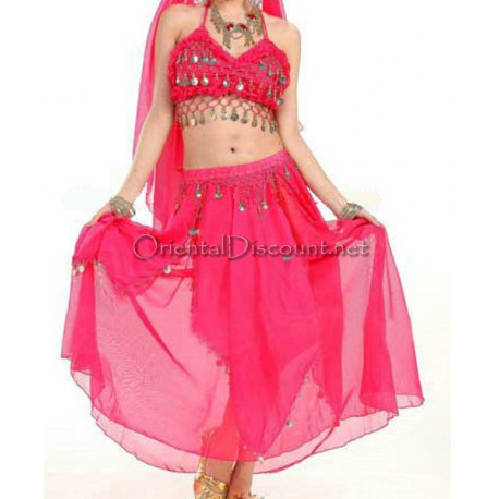 Ensemble de danse orientale top + jupe longue à sequins fuschia