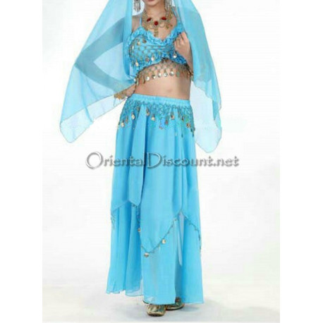 Ensemble de danse orientale top + jupe longue à sequins turquoise