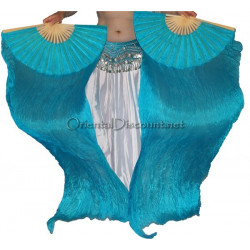 Paire d'Eventails en soie ourlés turquoise
