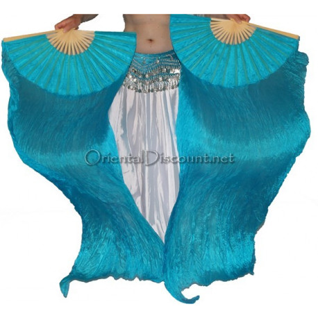 Paire d'Eventails en soie ourlés turquoise