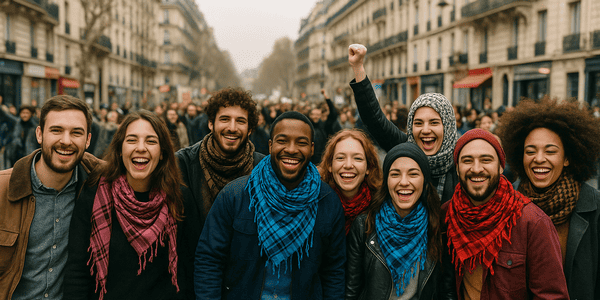 Groupe de dix amis souriants portant chacun un keffieh de couleur différente lors d'une manifestation pacifique dans les rues de Paris