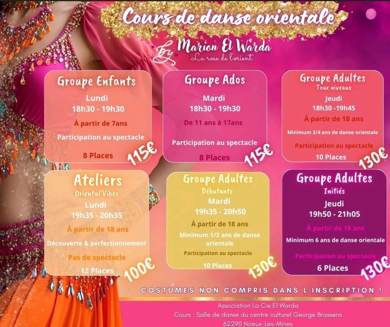 Flyer des cours de danse orientale à Noeux-les-Mines avec Marion El Warda – enfants, ados et adultes – horaires, tarifs et niveaux