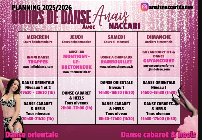 Planning des cours de danse orientale avec Anaïs