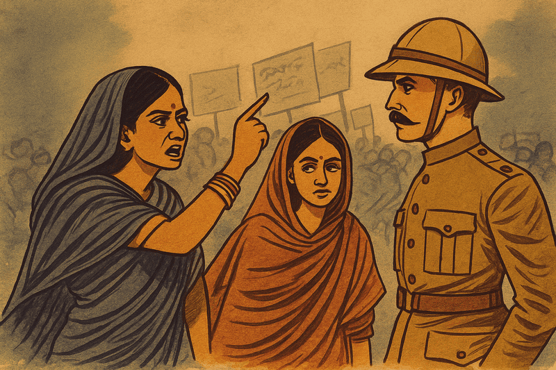 illustration de femmes indiennes en sari faisant face à un officier britannique
