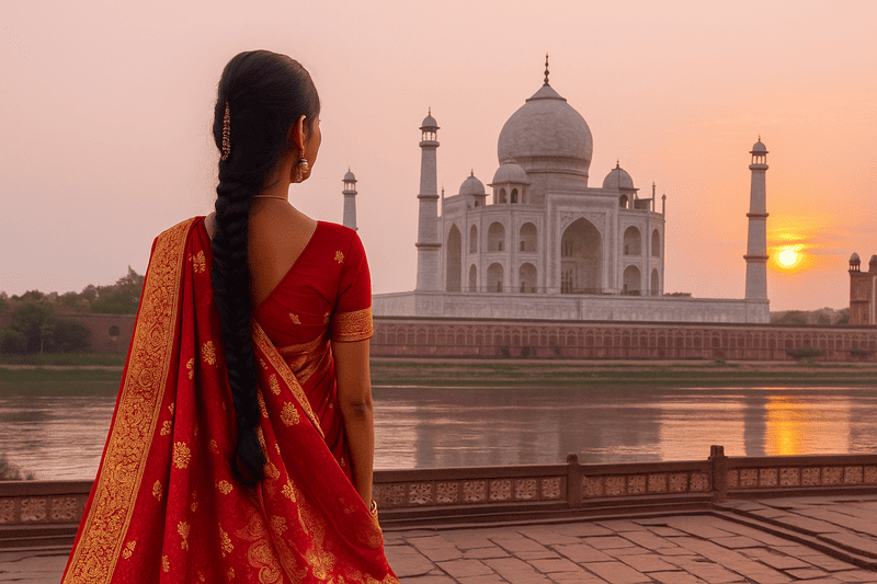 femme en sari indien rouge face au Taj Mahal au lever du soleil