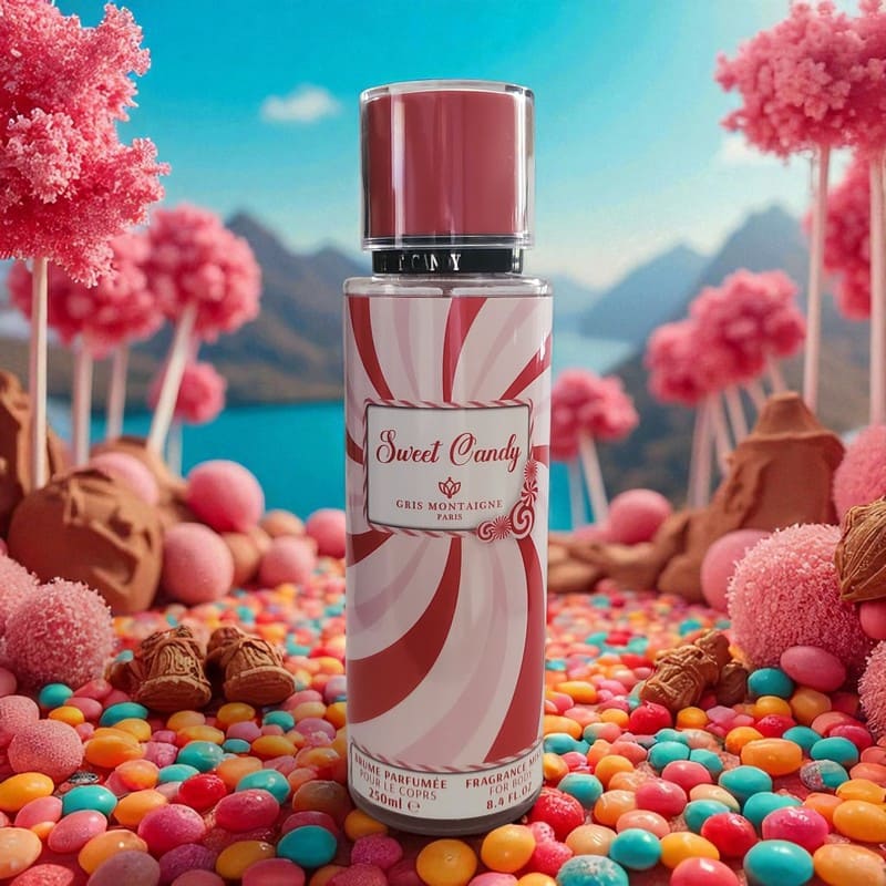 Brume Dubai Sweet Candy sur fond bonbons