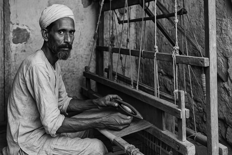 Artisan textile traditionnel au travail dans un atelier ancien en Asie du Sud, fin XIXe siècle.