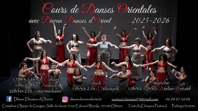 Plaquette d'information des cours de danse orientale à Orléans avec horaires et contact Diwan-Centre