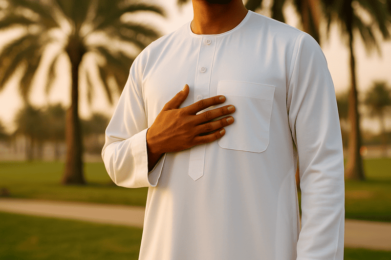 Homme musulman vêtu d’un qamis blanc vu de dos, illustrant pudeur, tradition et sobriété vestimentaire islamique