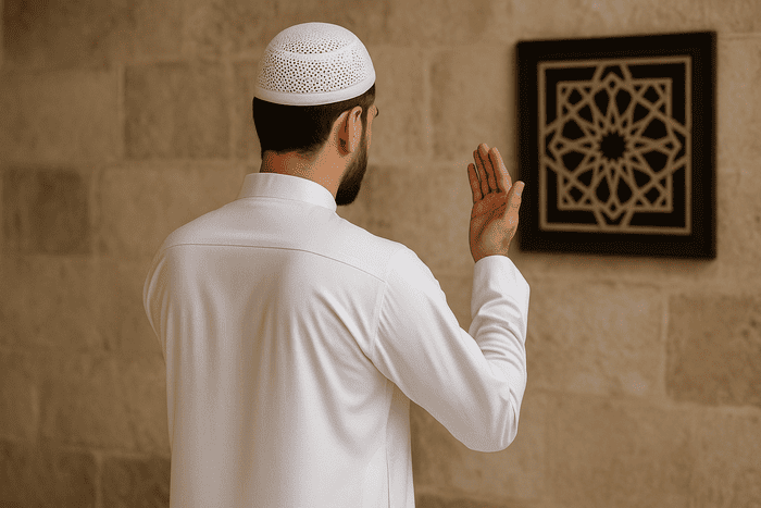 Homme musulman en qamis blanc vu de dos, en prière devant un motif islamique