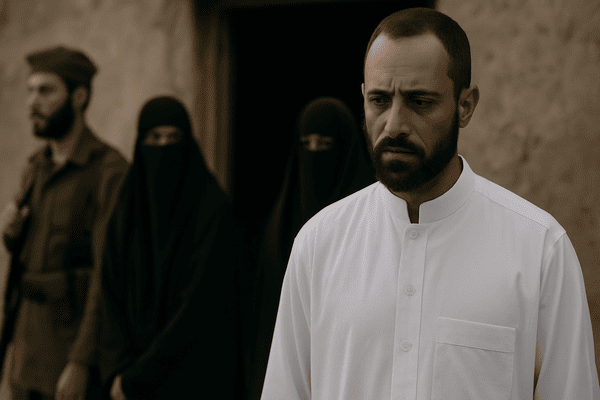Représentation d’un homme en qamis blanc dans un contexte dramatique