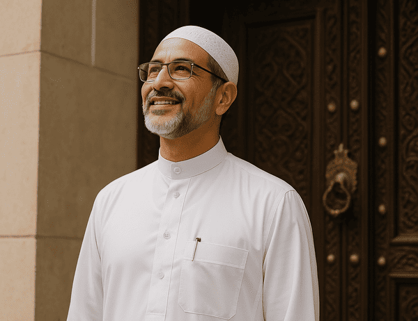 Homme souriant en qamis blanc devant une porte sculptée – représentation positive et élégante du vêtement traditionnel musulman