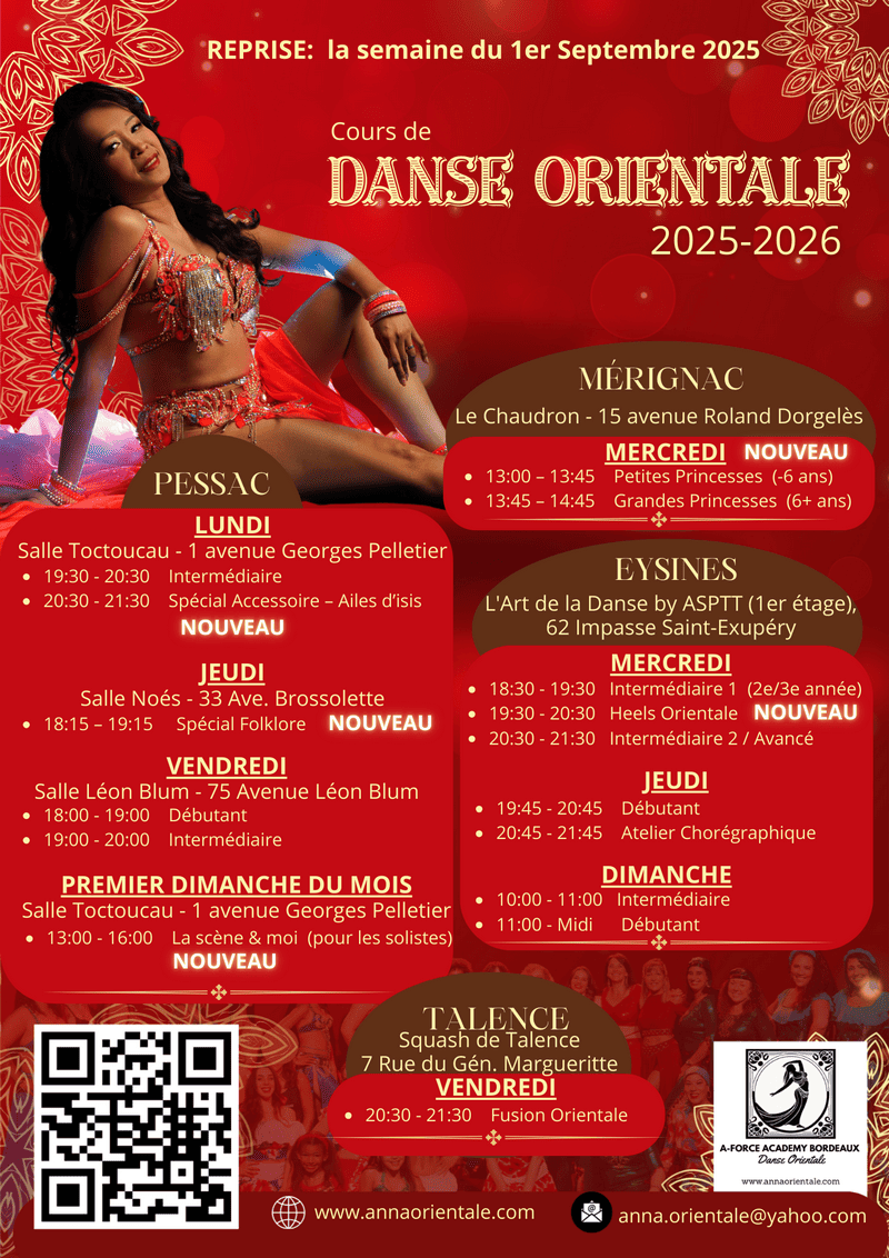 Plaquette des cours de danse orientale à Bordeaux 2025-2026 avec horaires à Eysines, Pessac, Mérignac, Cestas et Talence