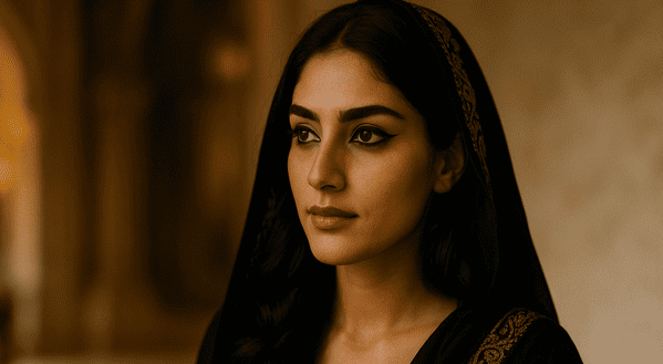 Regard souligné au khôl sur une femme orientale moderne, maquillage intense et raffiné dans un style sobre et intemporel