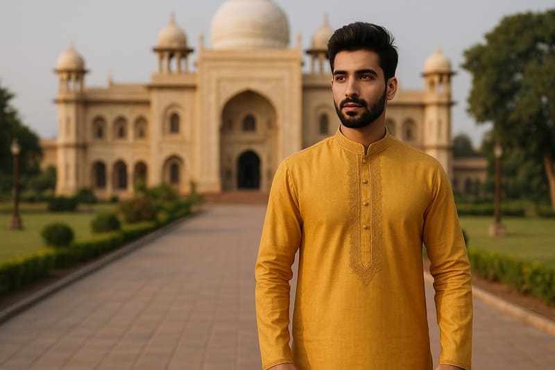 Homme en Kurta devant le Taj Mahal