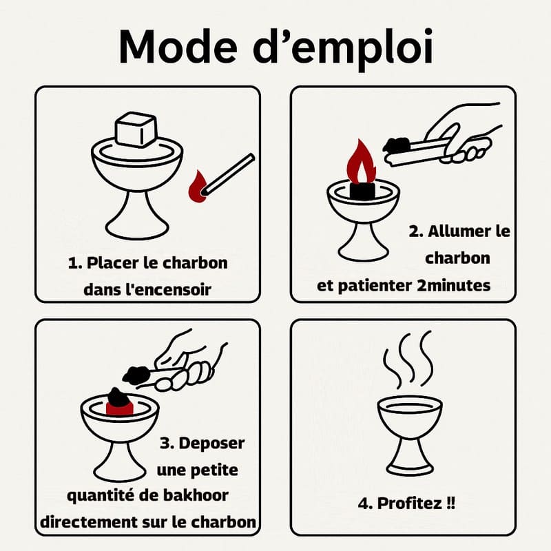 Mode d’emploi Bakhoor étape par étape en français : poser le charbon dans l’encensoir, allumer le charbon, déposer une pincée de bakhoor avec une pince, profiter des fumées parfumées orientales.