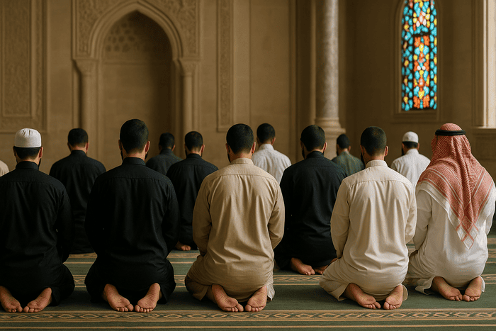 Hommes musulmans en prière dans une mosquée, vêtus de qamis variés vus de dos